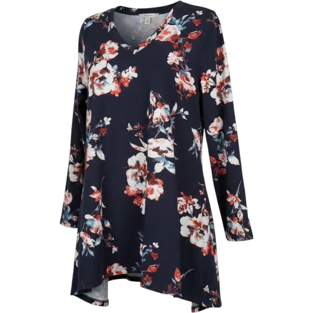 Lildy Navy Floral Handkerchief Hem Tunic‎ Top V-Neck Long Sleeve Women S-M 0730